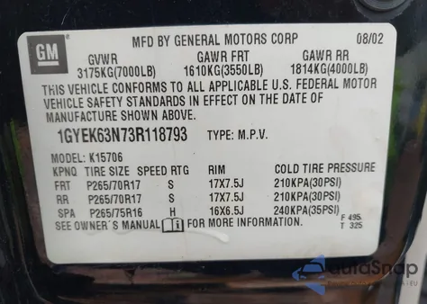 2003 Cadillac Escalade Standard z USA, uszkodzony, nr VIN 1GYEK63N73R118793